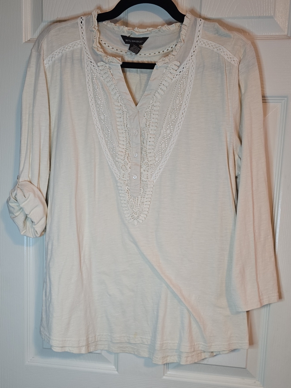 Bit & Bridle‎ Cream Crochet-Trim Henley Tunic